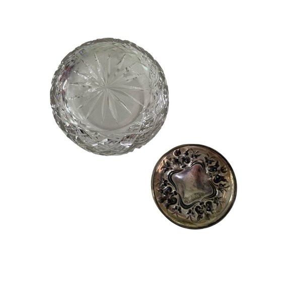 Vintage Cut Crystal Vanity Dresser Cosmetic Jar Sterling Silver Lid 3" x 4" - Picture 5 of 8